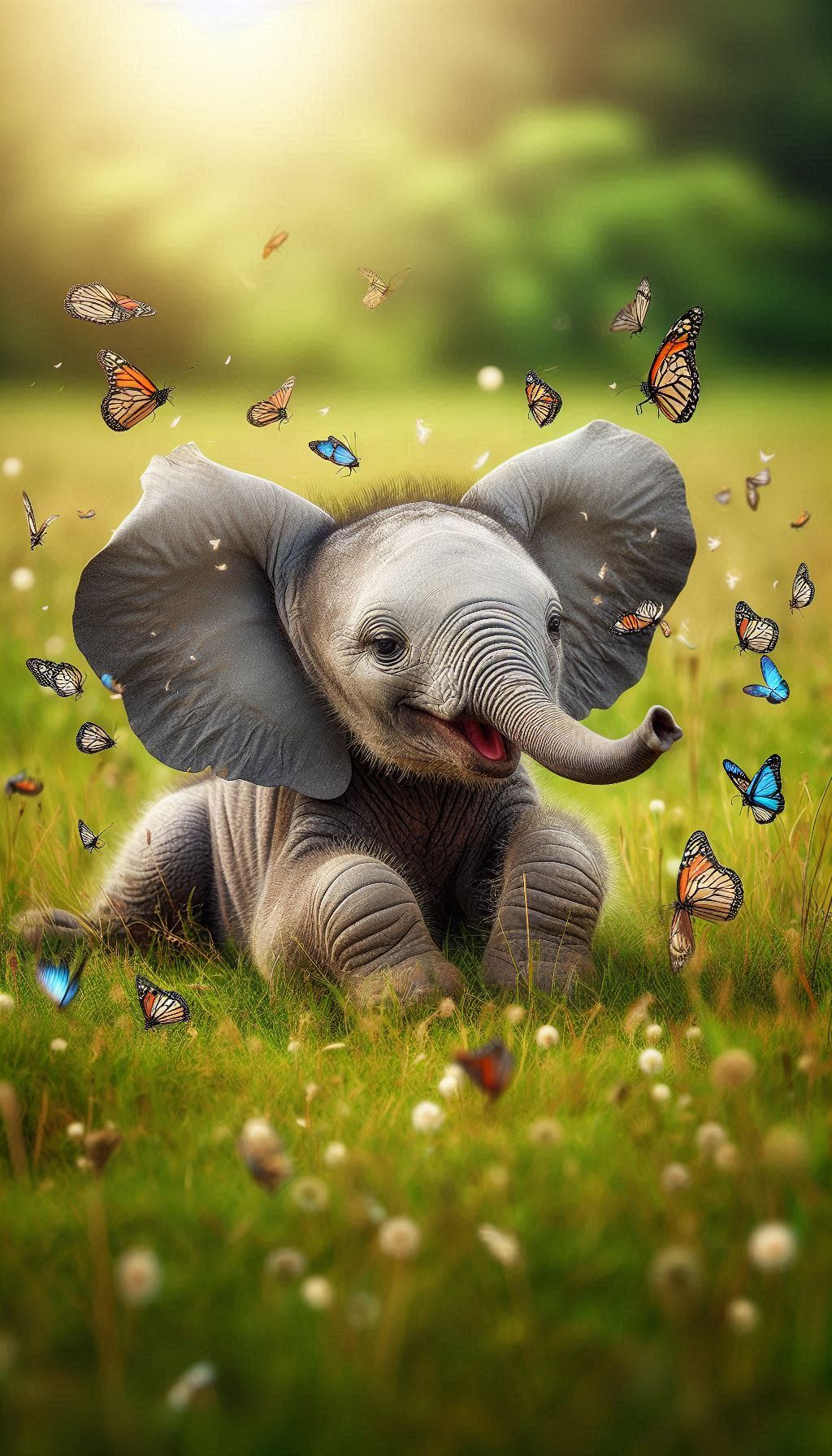 Playful Baby Elephant Chasing Butterflies in the Grass