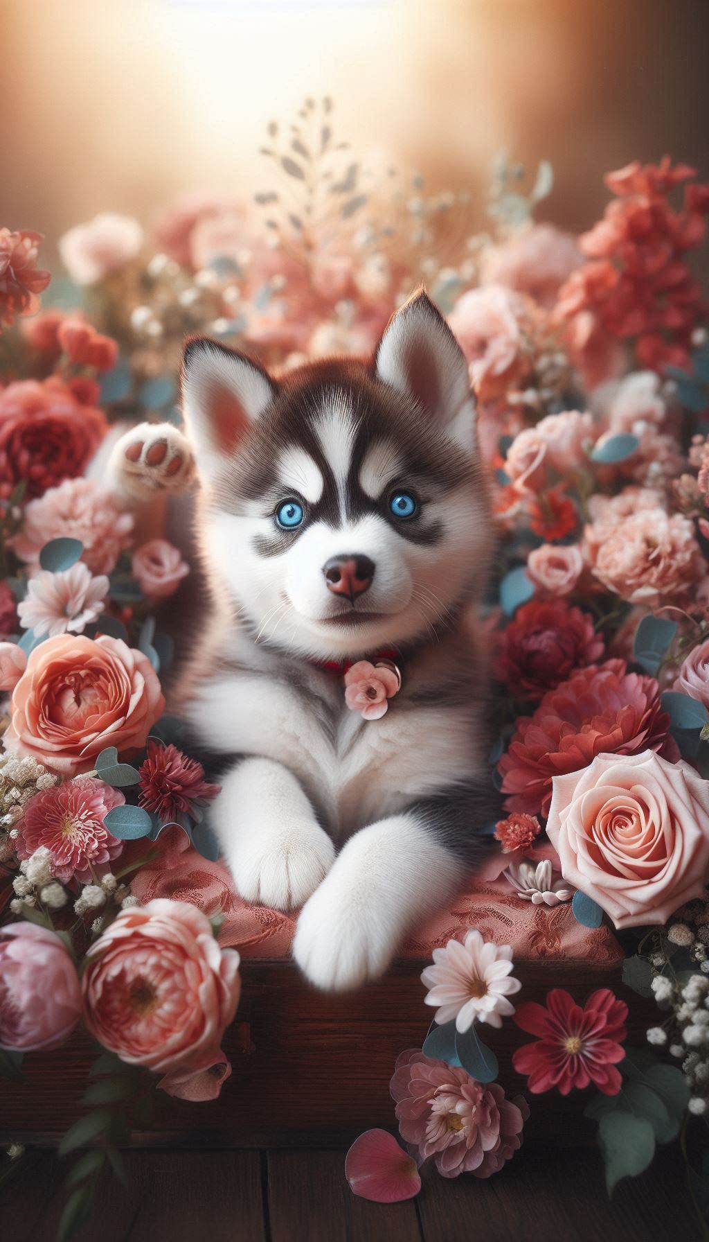 Playful Blue-Eyed Husky Puppy Surrounded by Flowers