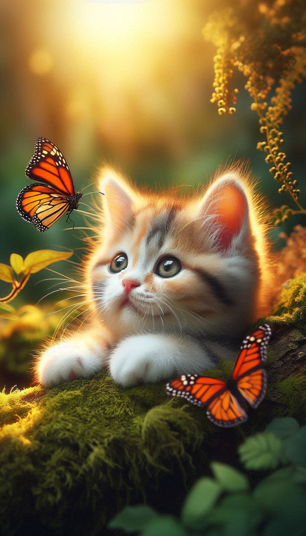 Playful Close-Up of a Kitten Chasing a Butterfly