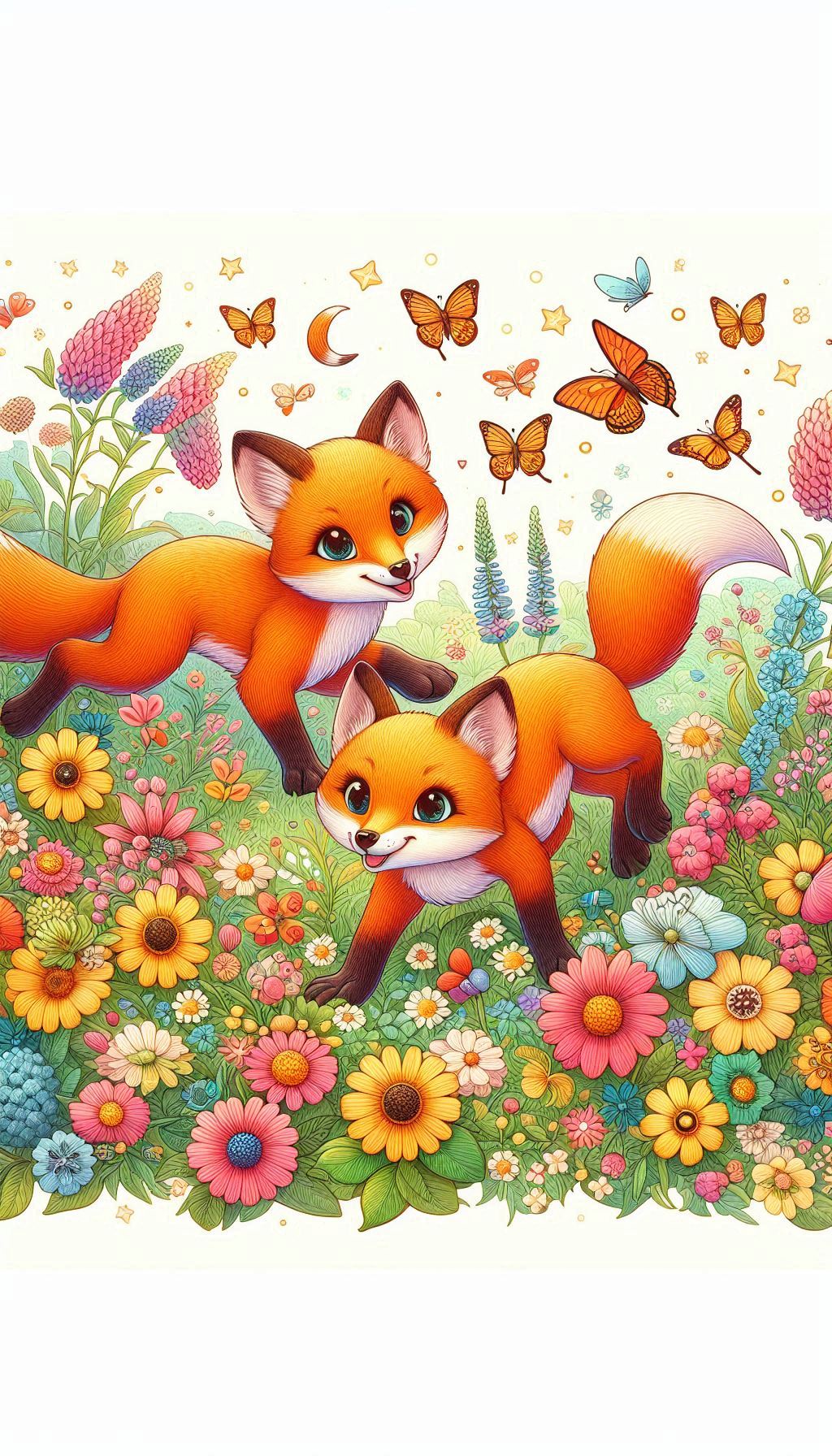 Playful Foxes Exploring a Flower-filled Meadow Drawing