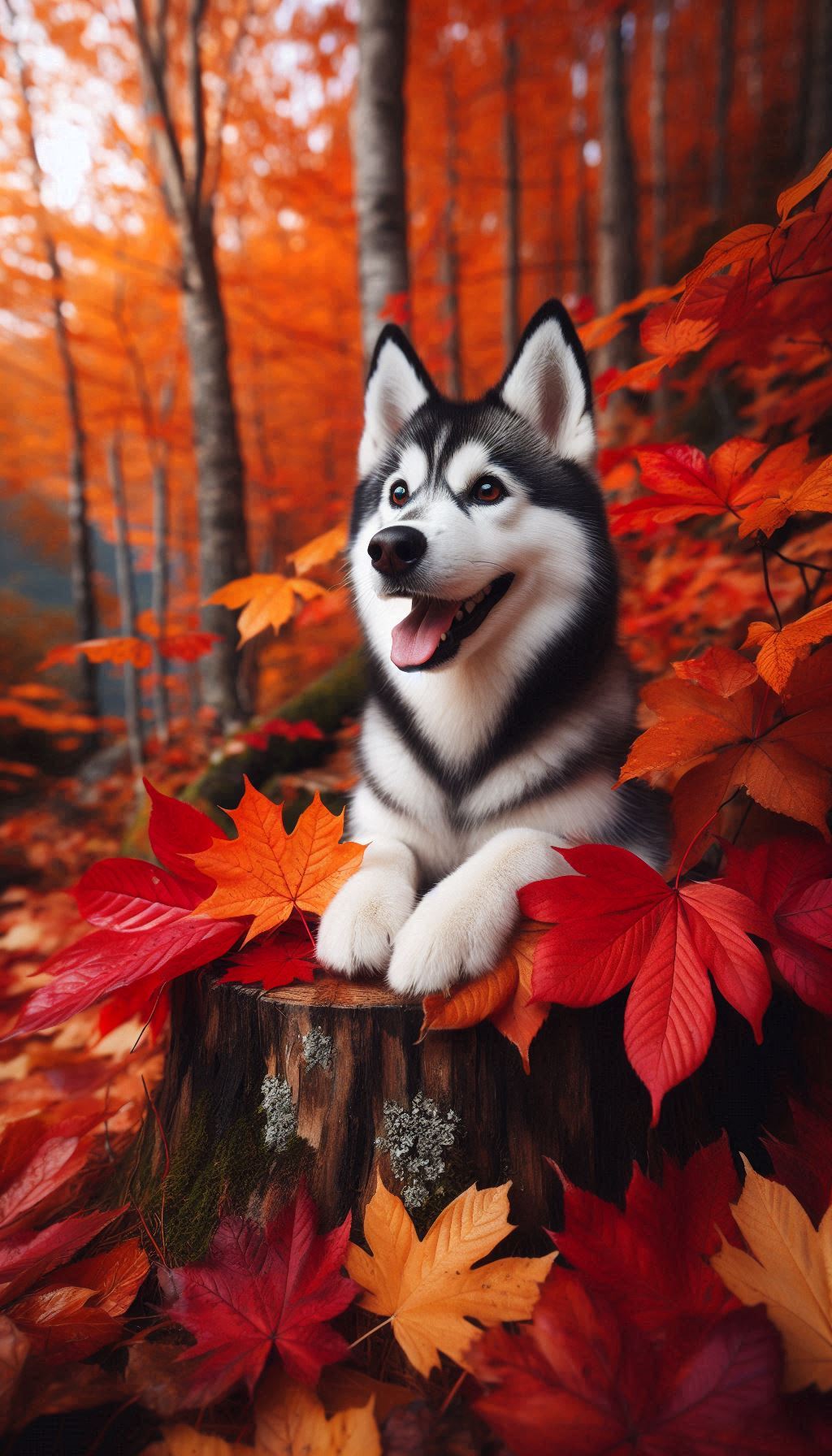 Playful Husky Amaong Vibrant Autumn Leaves