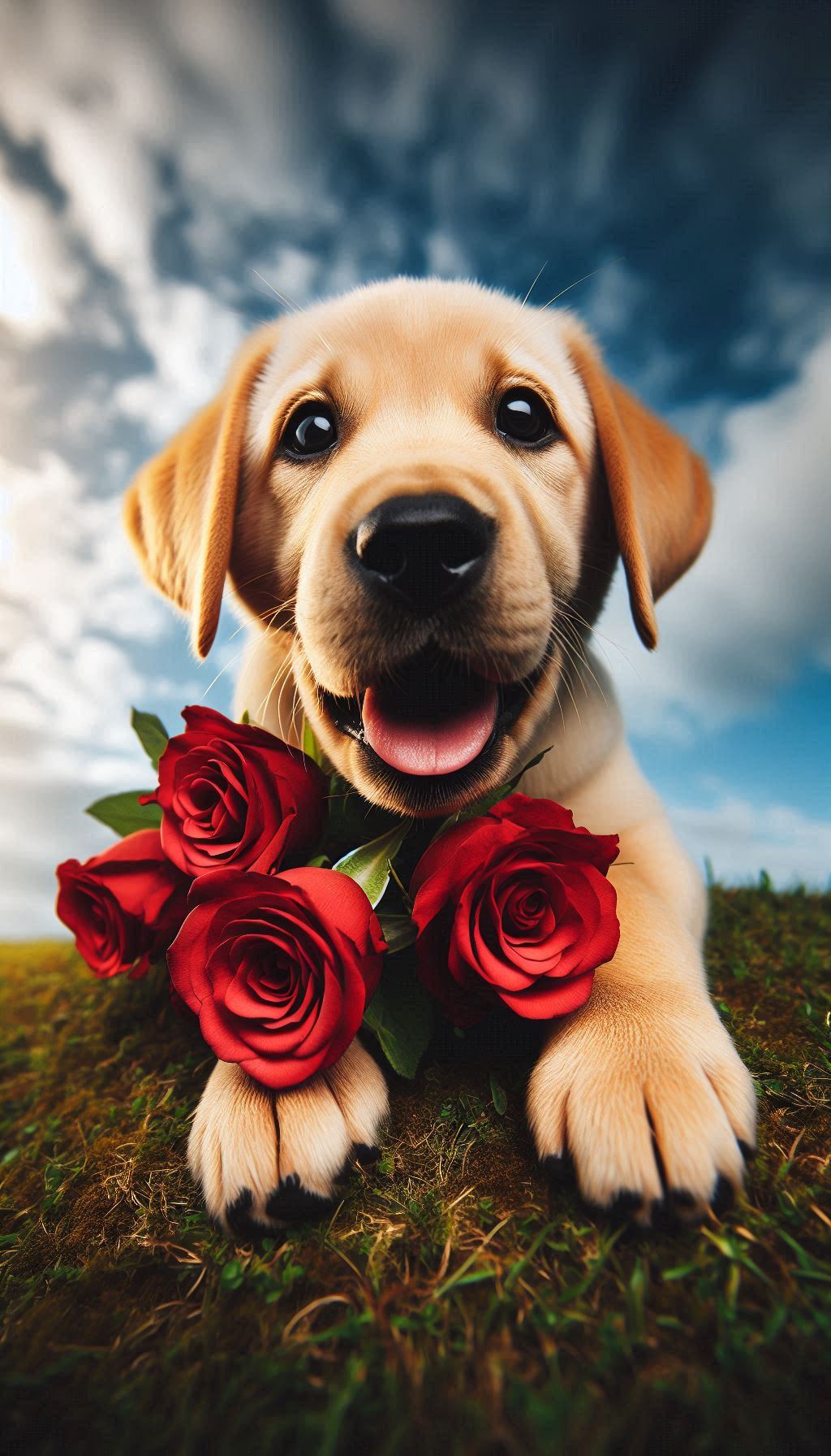 Playful Labrador Puppy with Roses in Its Mouth Under a Blue Sky