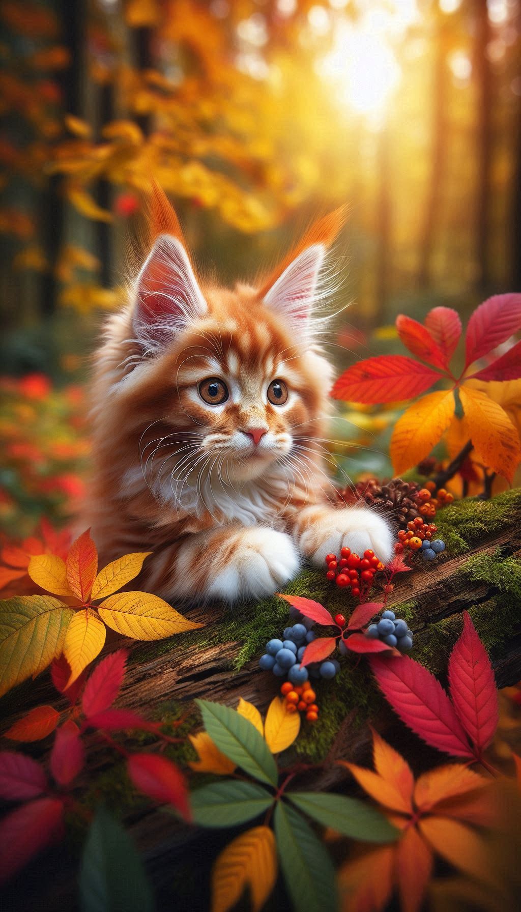 Playful Maine Coon Kittens Exploring a Colorful Autumn Fores