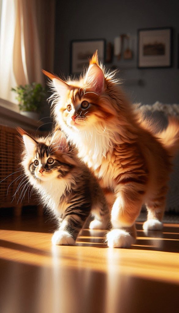 Playful Maine Coon Siblings Exploring a Sunlit Room