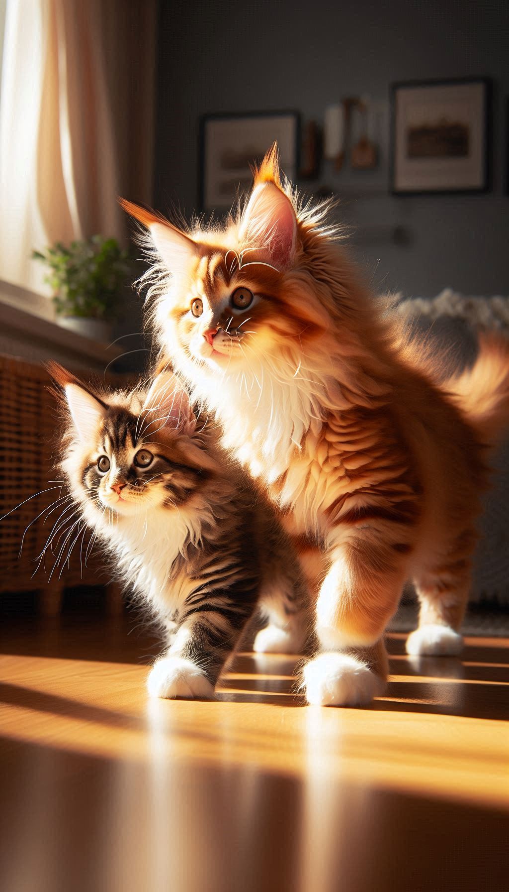 Playful Maine Coon Siblings Exploring a Sunlit Room