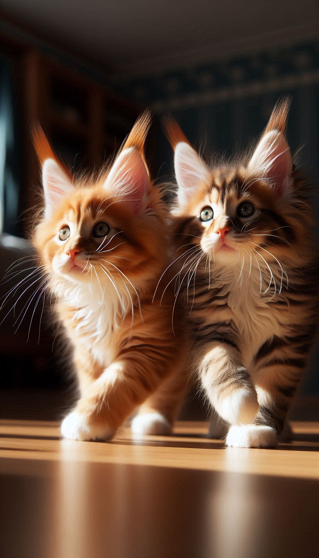 Playful Maine Coon siblings explore a sun-filled room iPhone wallpaper