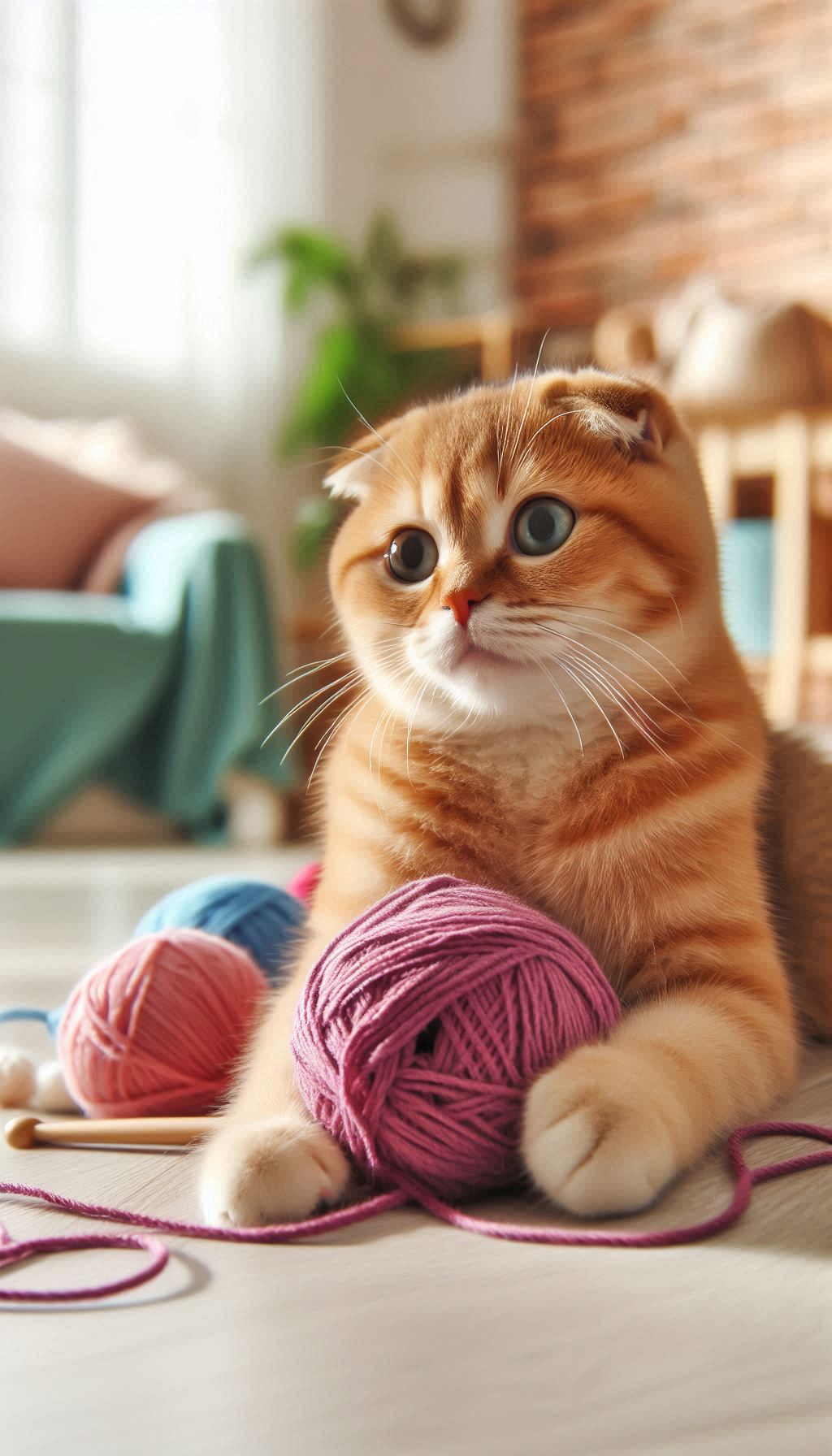 Playful Red Scottish Fold Cat with Yarn in a Bright Living Room
