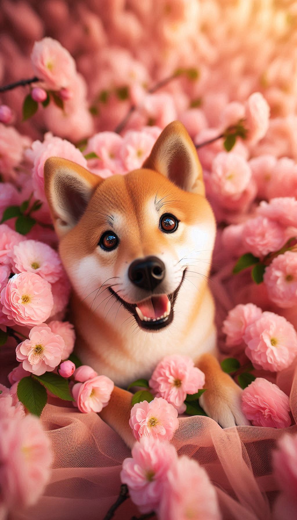 Playful Shiba Inu Amongst Soft Pink Petals