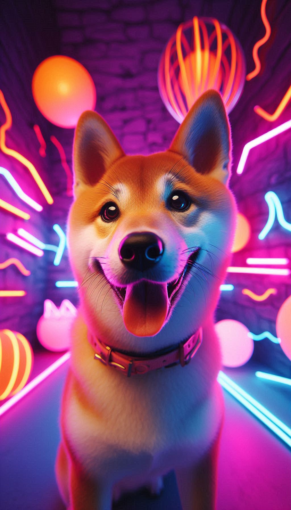 Playful Shiba Inu Surrounded by Glowing Neon Lights