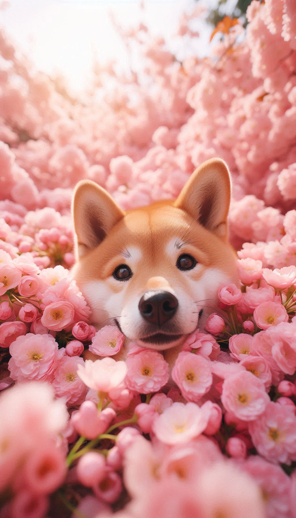Playful Shiba Inu among soft pink petals, cute and relaxing mobile wallpaper