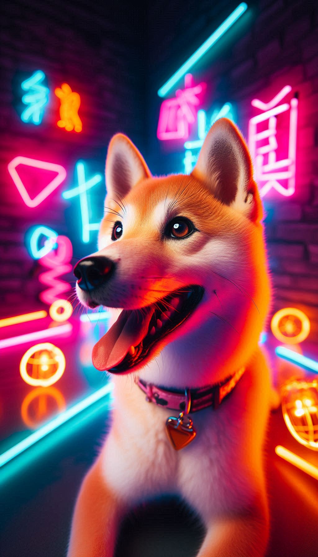 Playful Shiba Inu surrounded by flashing neon lights photo background