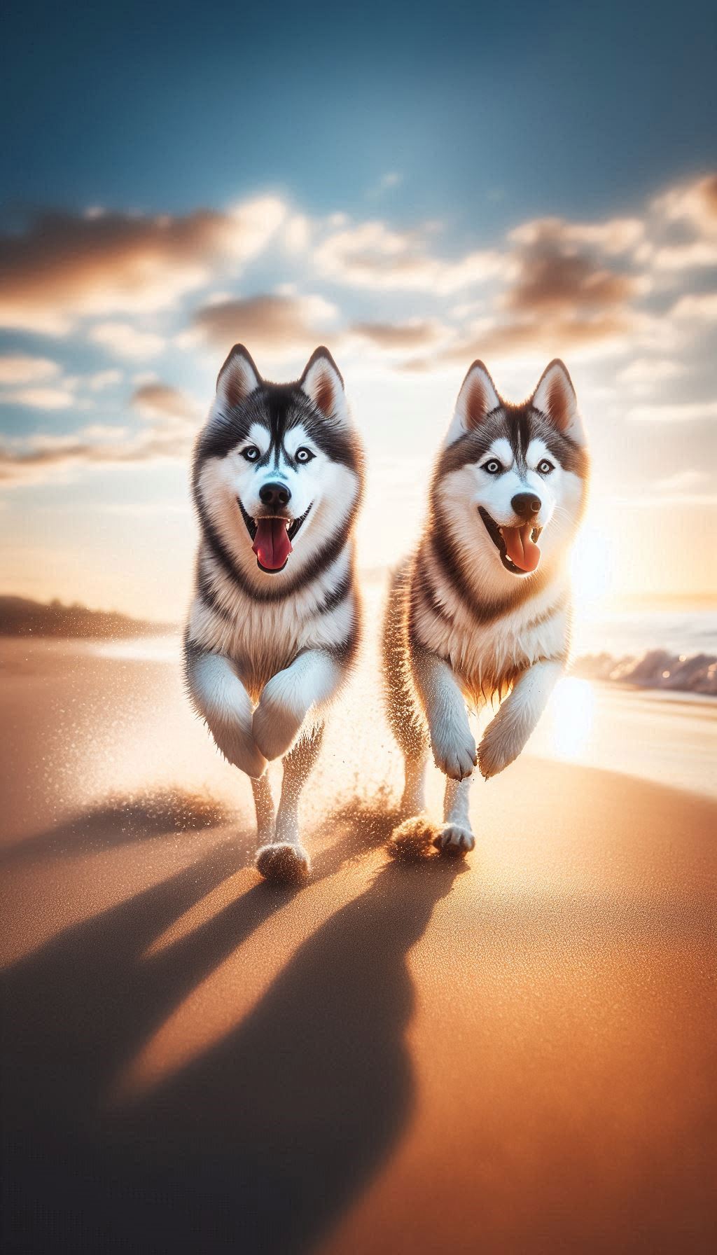 Playful Siberian Husky pair running together on a pleasant beach background for Android smartphones