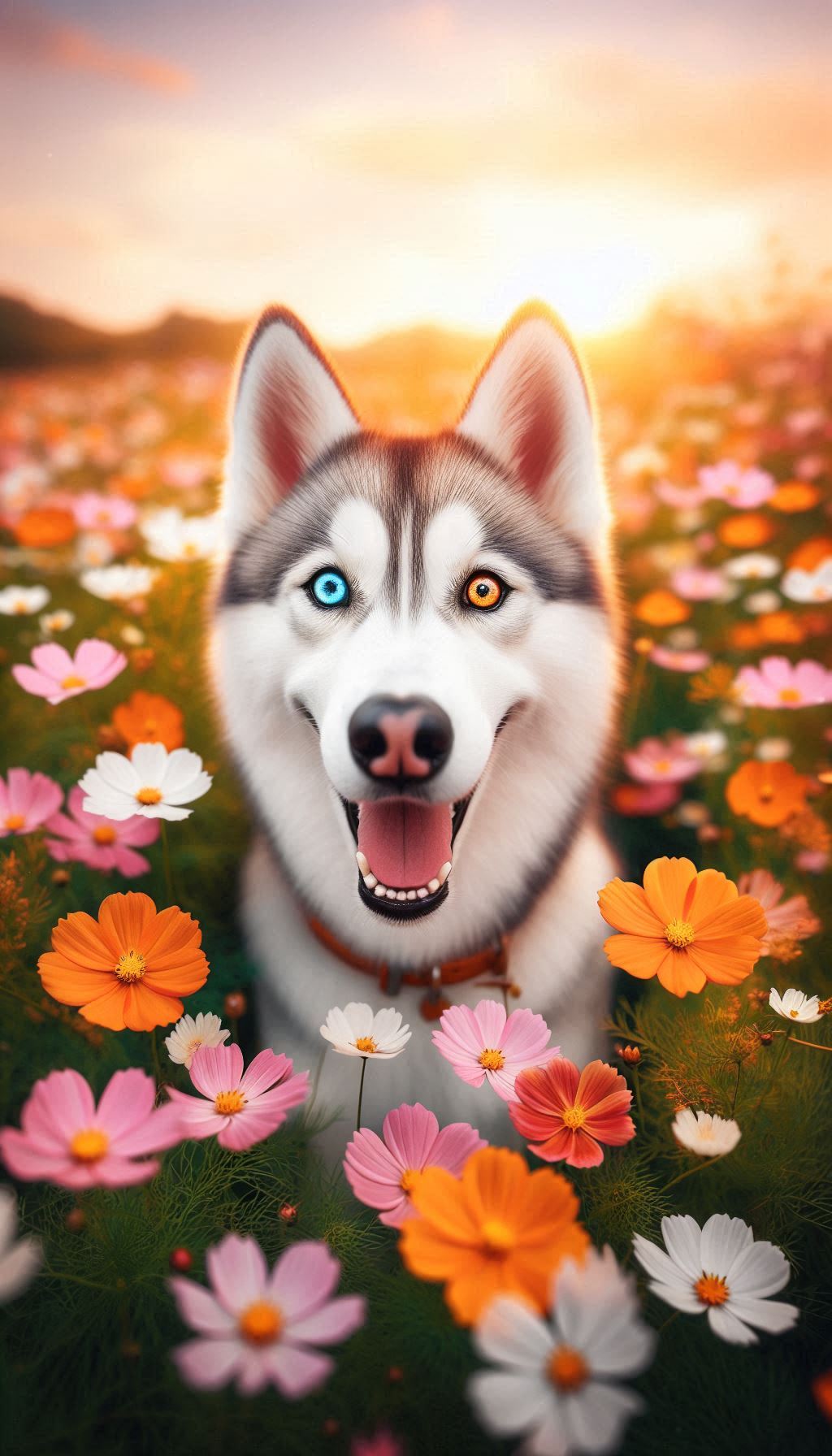 Playful Siberian Husky with unique eye colors in a flower-filled meadow for your mobile