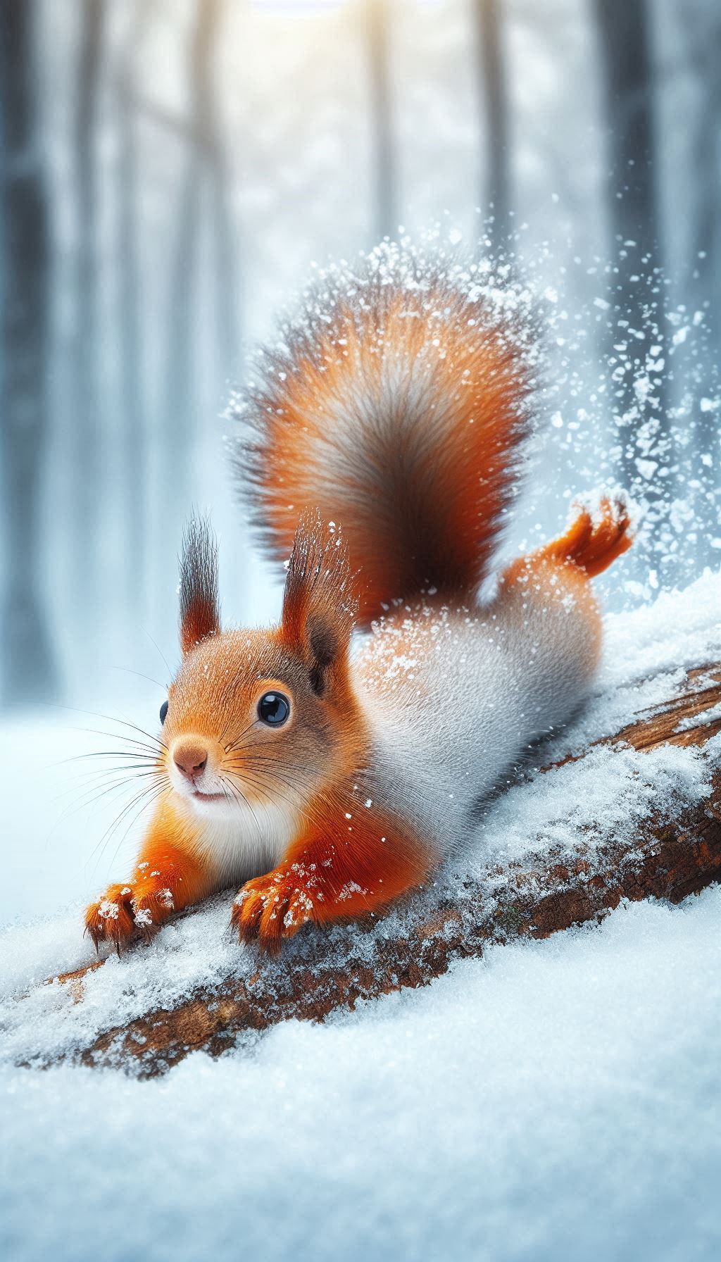 Playful Squirrel Sliding Down a Snowy Hill