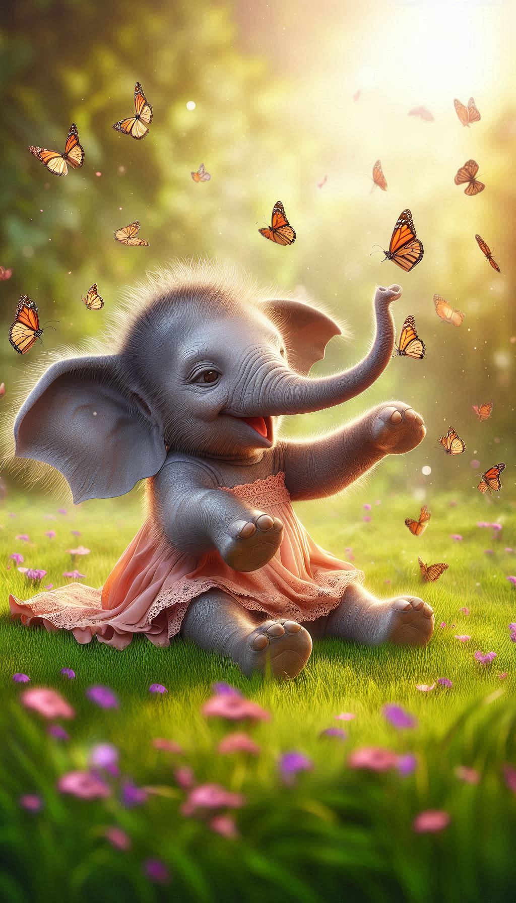 Playful baby elephant chasing butterflies in the grass HD wallpaper for Android