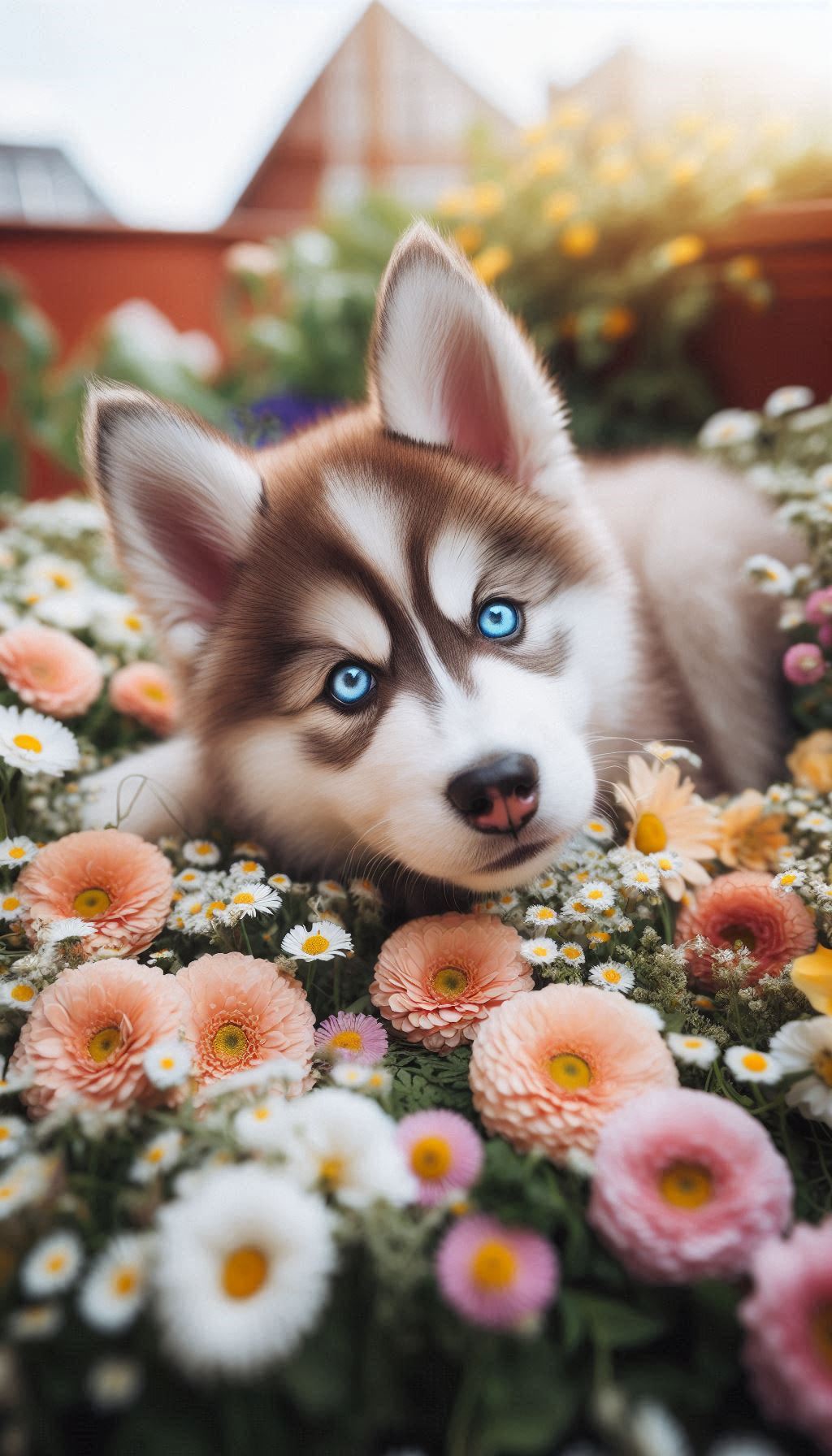 Playful blue eyed Husky puppy sitting calmly surrounded by flowers free mobile wallpaper