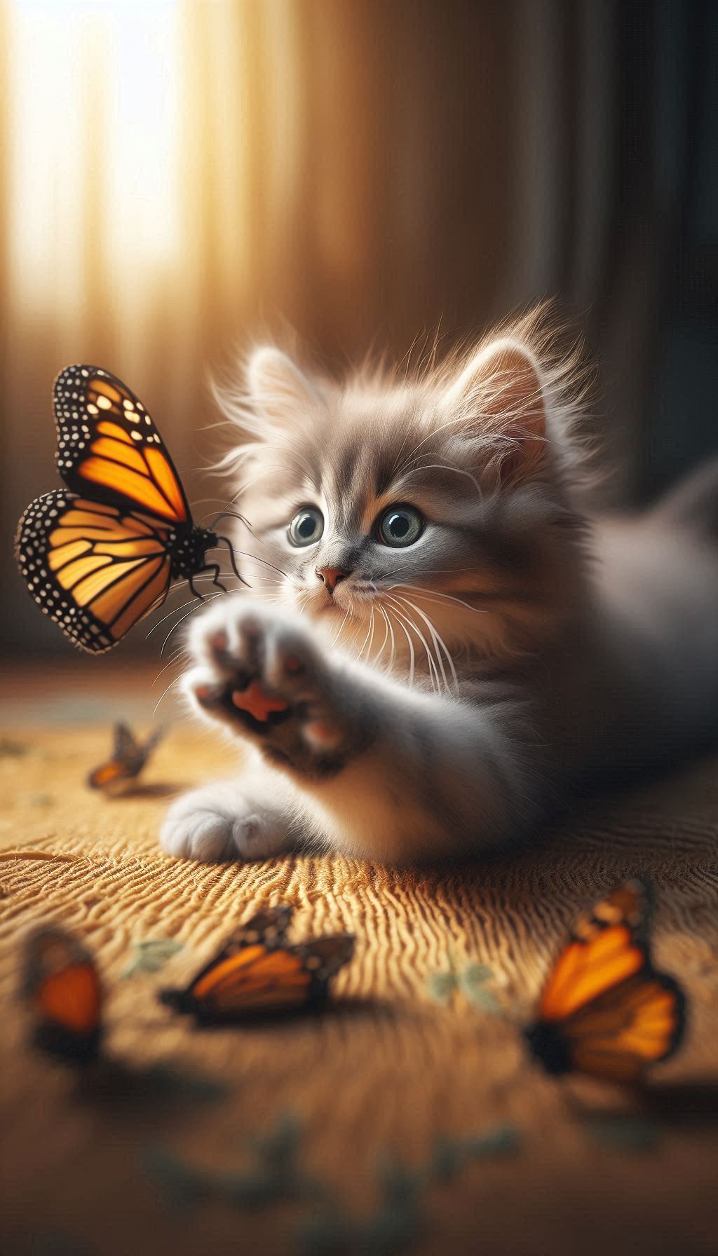 Playful close-up of a kitten clutching a butterfly on digital background