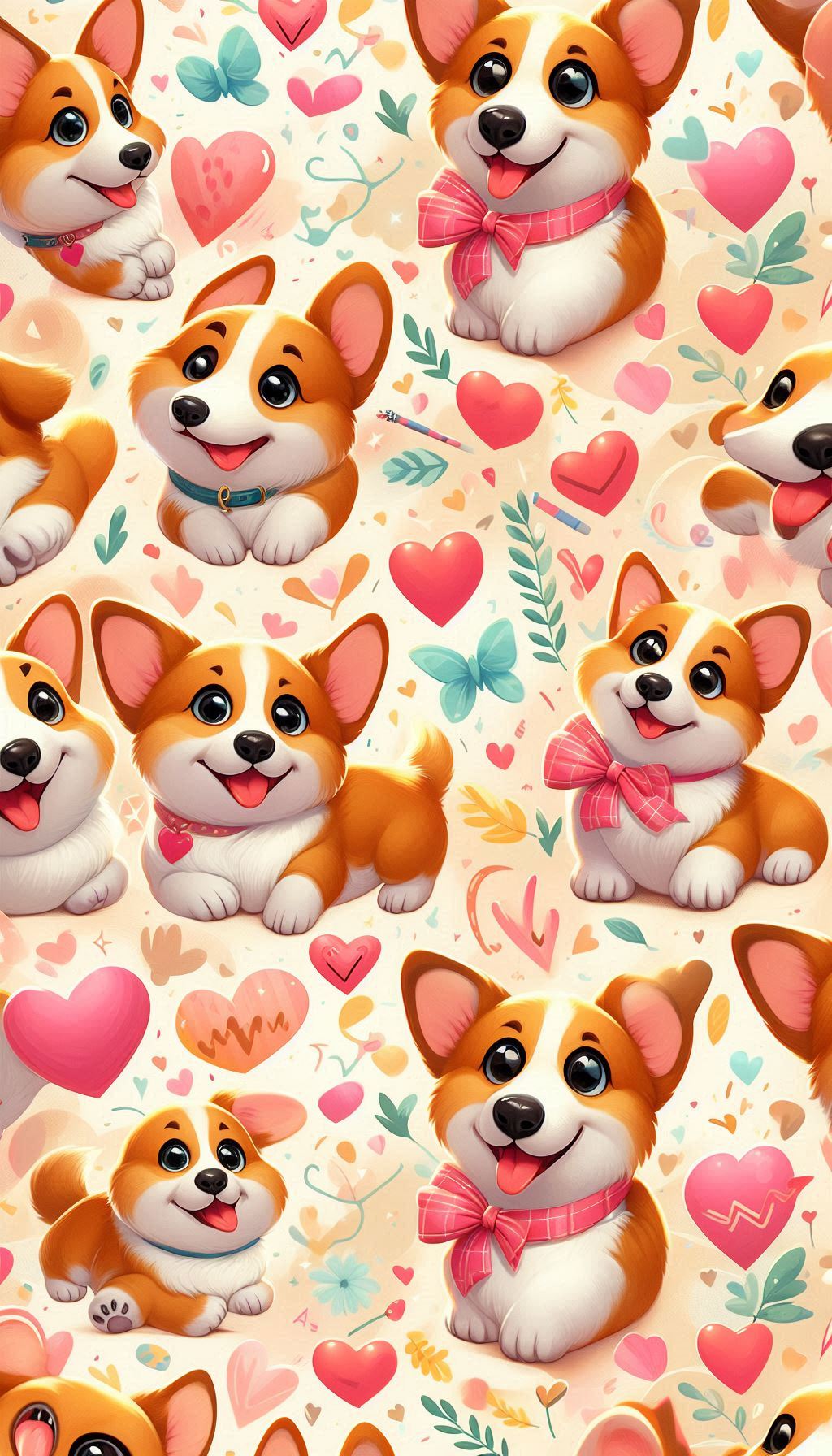 Playful corgi dog and floating heart wallpaper design background for iPhone