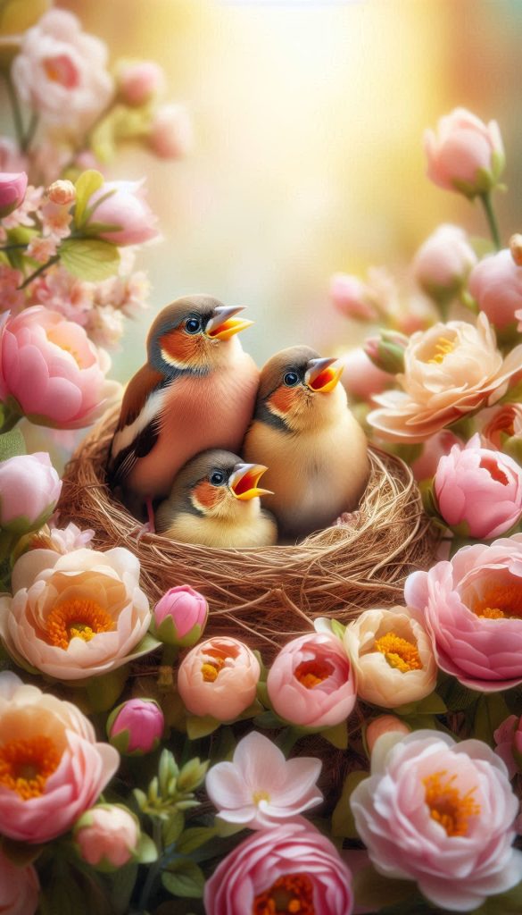 Playful finch family in a cozy nest Groundbreaking spring flower mobile wallpaper for iPhone