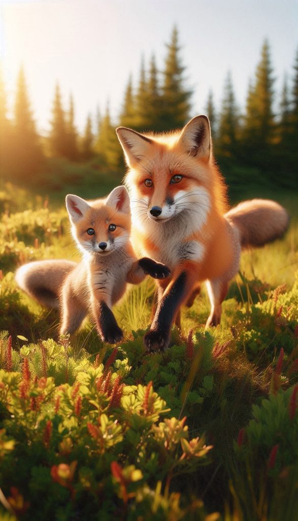 Playful fox couple exploring sunny meadow wallpaper for mobile phone