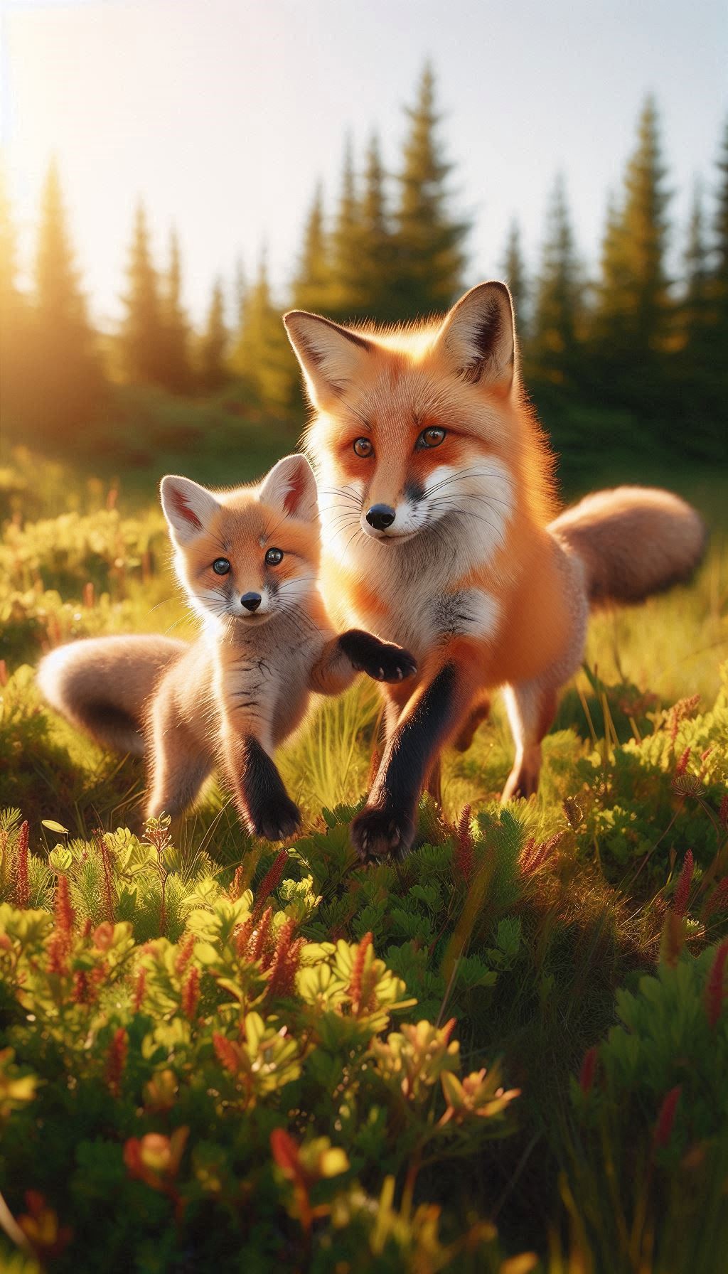 Playful fox couple exploring sunny meadow wallpaper for mobile phone