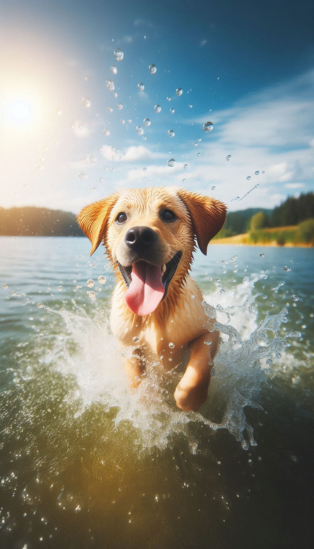 Playful golden Labrador splashing in the sunlit lake HD mobile wallpaper