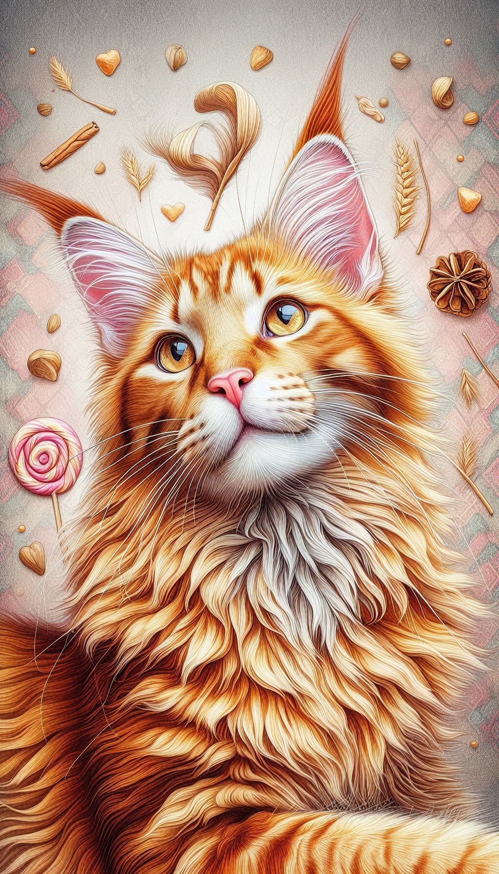 Playful red tabby Maine Coon artistic illustration wallpaper HD background for cat lovers for iPhone