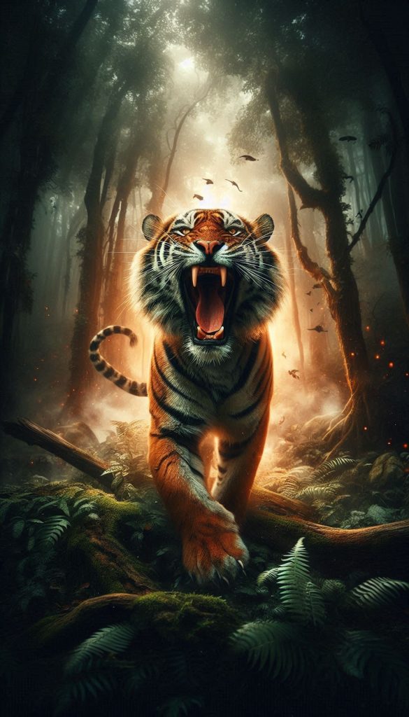 Powerful Bengal Tiger Roaring in the Heart of the Jungle Wallpaper
