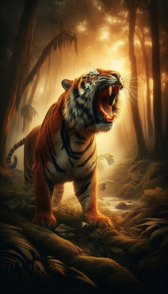 Powerful Bengal Tiger roaring in the middle of the jungle wallpaper photo for mobile