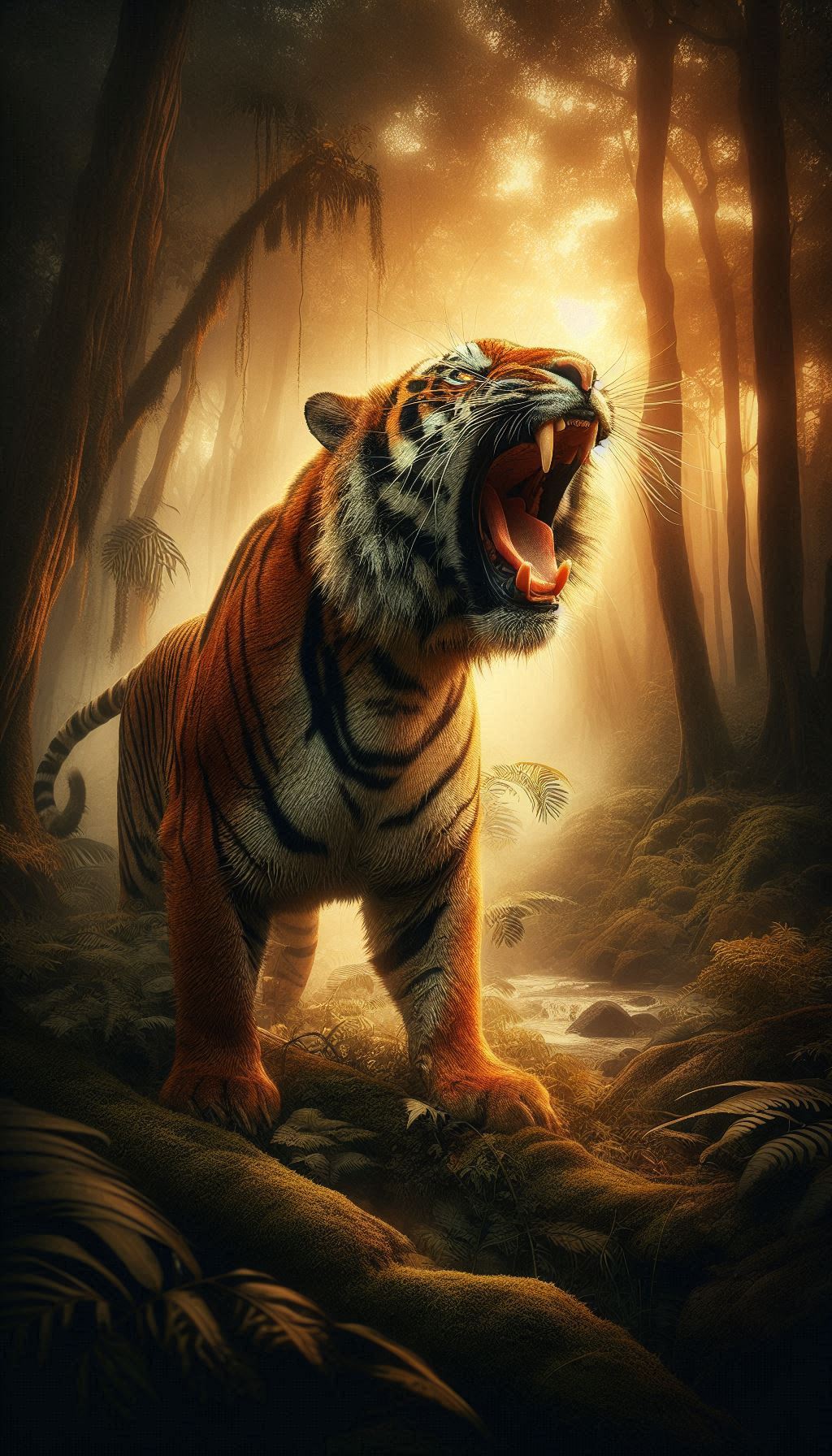 Powerful Bengal Tiger roaring in the middle of the jungle wallpaper photo for mobile