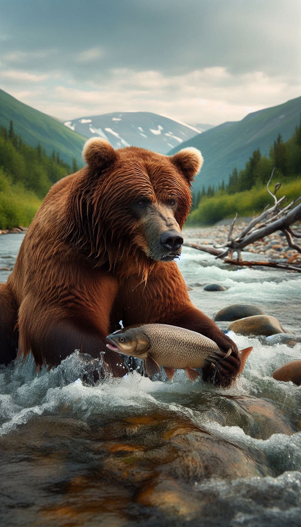 Powerful Kodiak Bear Fishing in a Mountain River Mobile Wallpaper