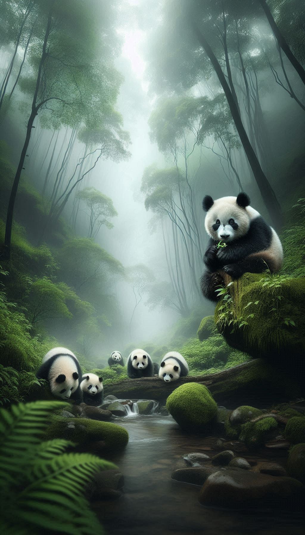 Qinling Pandas in a Misty Forest Enchanting Nature Scene Wallpaper
