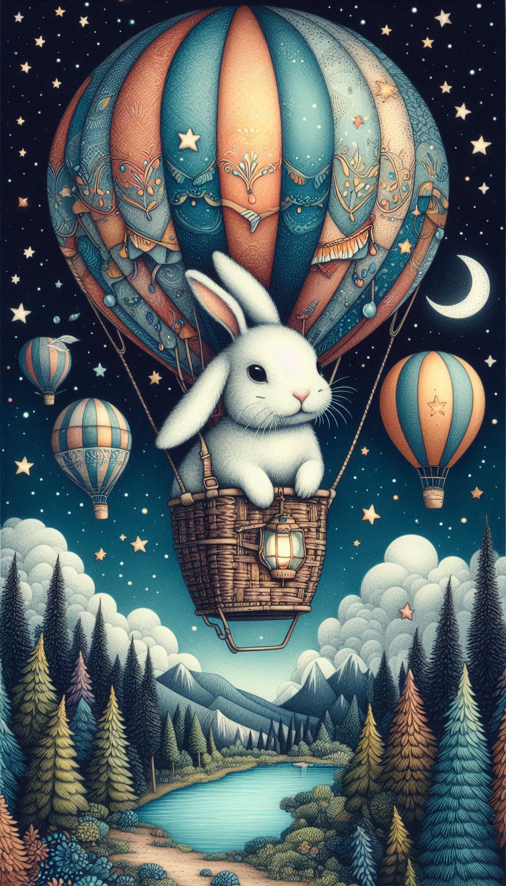 Rabbit in a Hot Air Balloon Adventurous Artwork for Dreamers