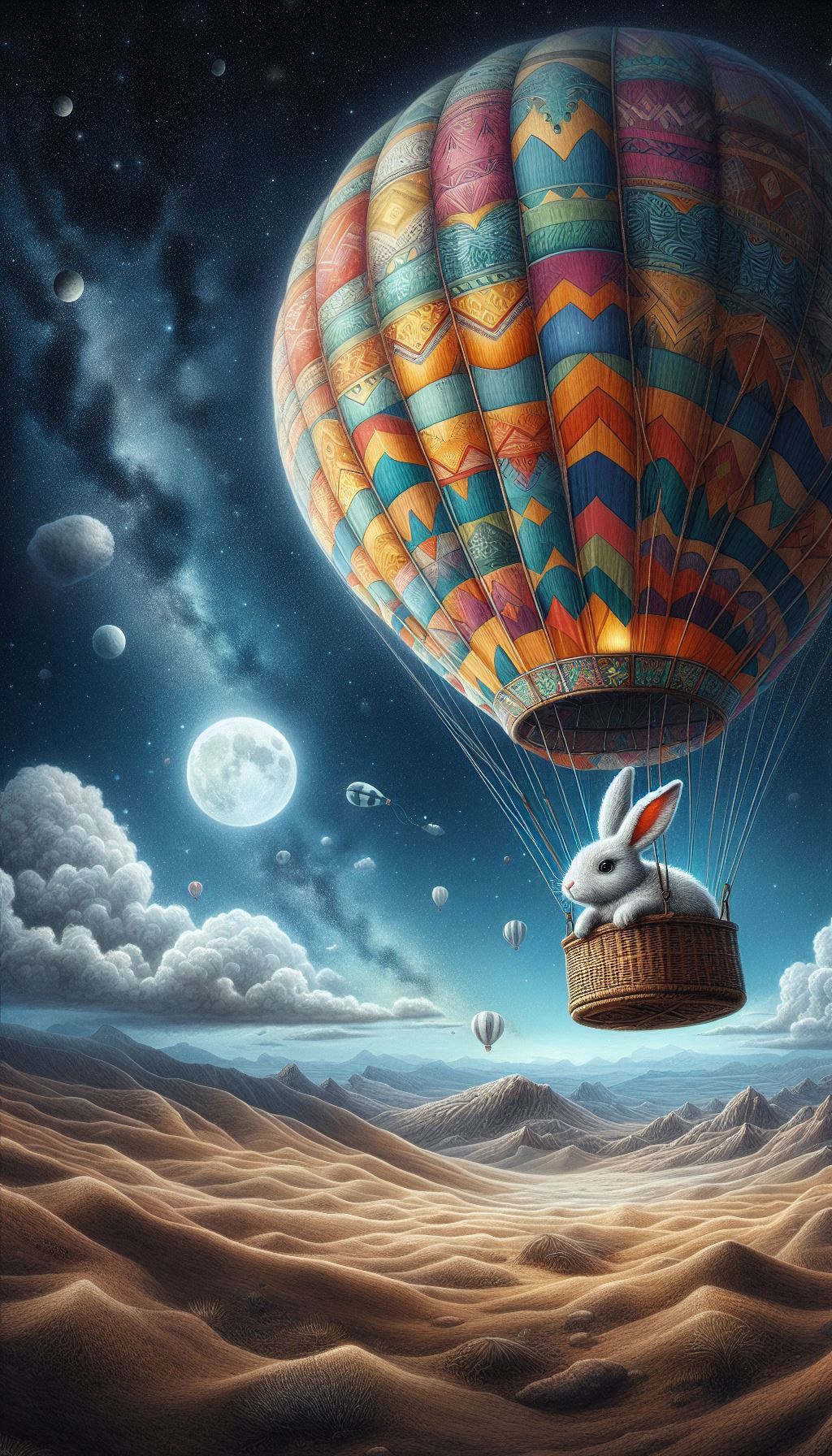 Rabbit in hot air balloon Adventure artwork for dreamers Android and iPhone wallpaper