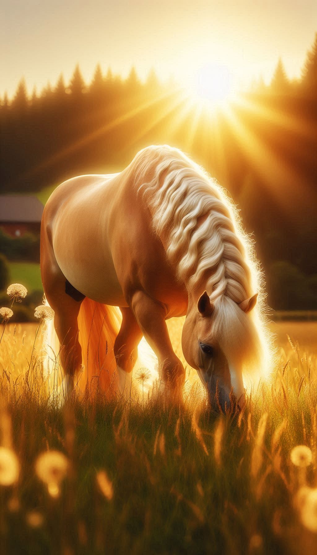 Radiant Palomino Horse Grazing in a Sunlit Meadow