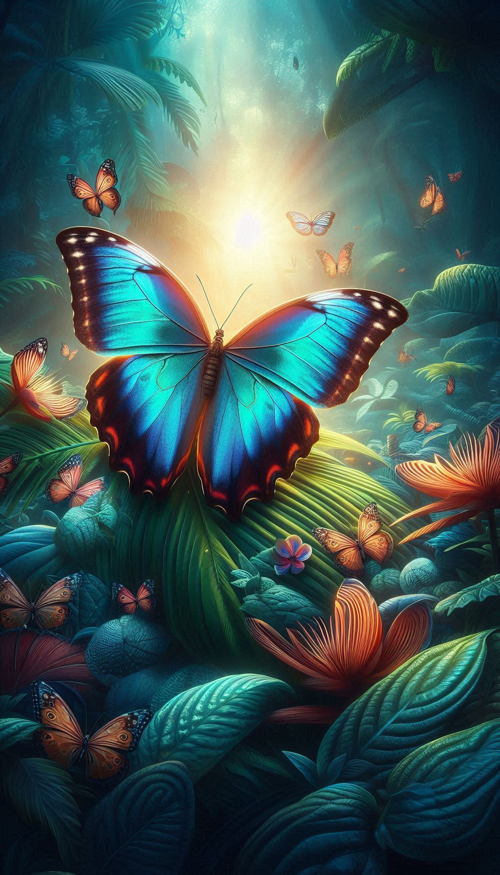 Radiant morpho butterfly in the tropical rainforest setting wallpaper hd photos for your phone