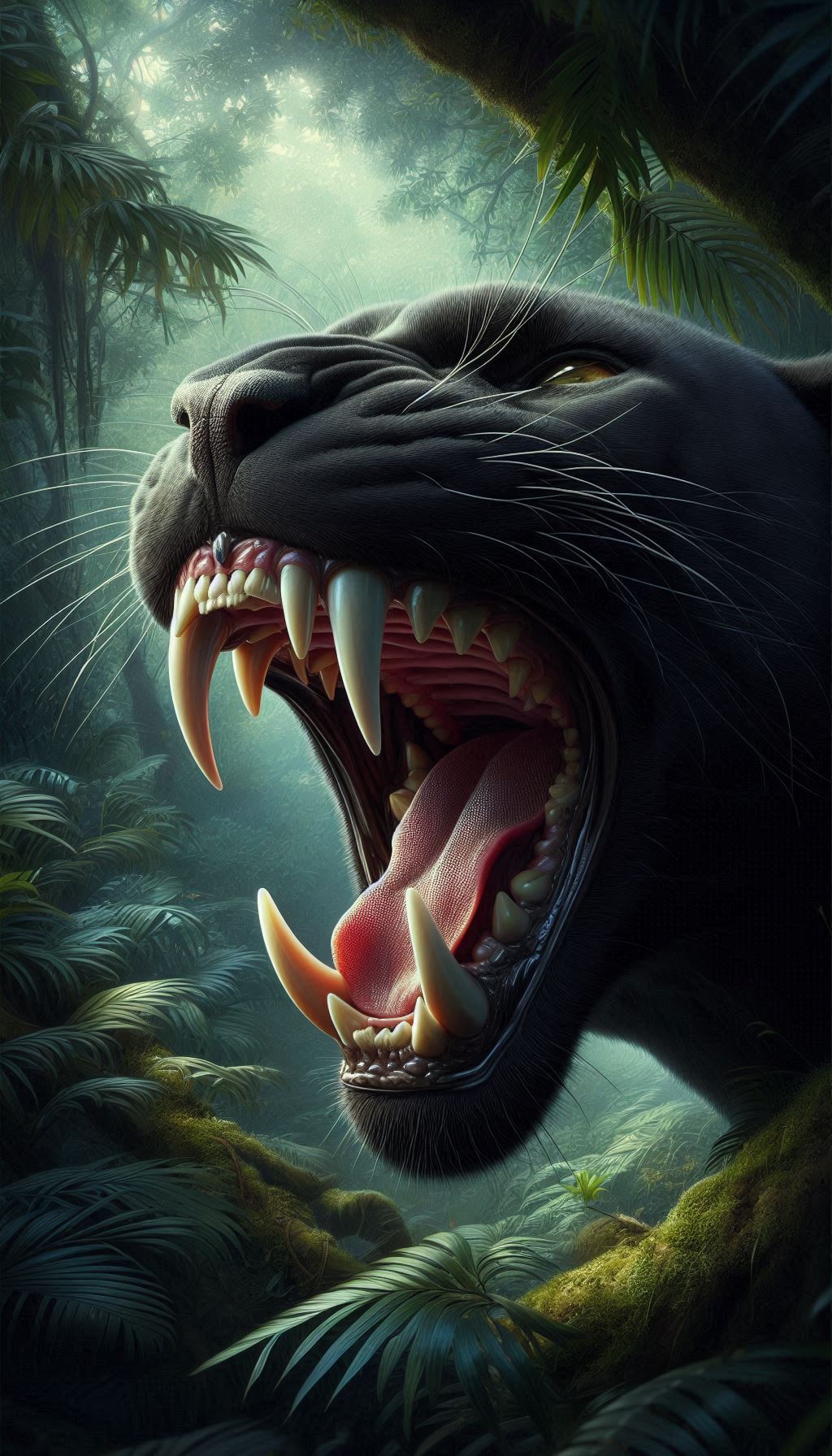 Realistic black panther jaw in nature art for your mobile wallpaper