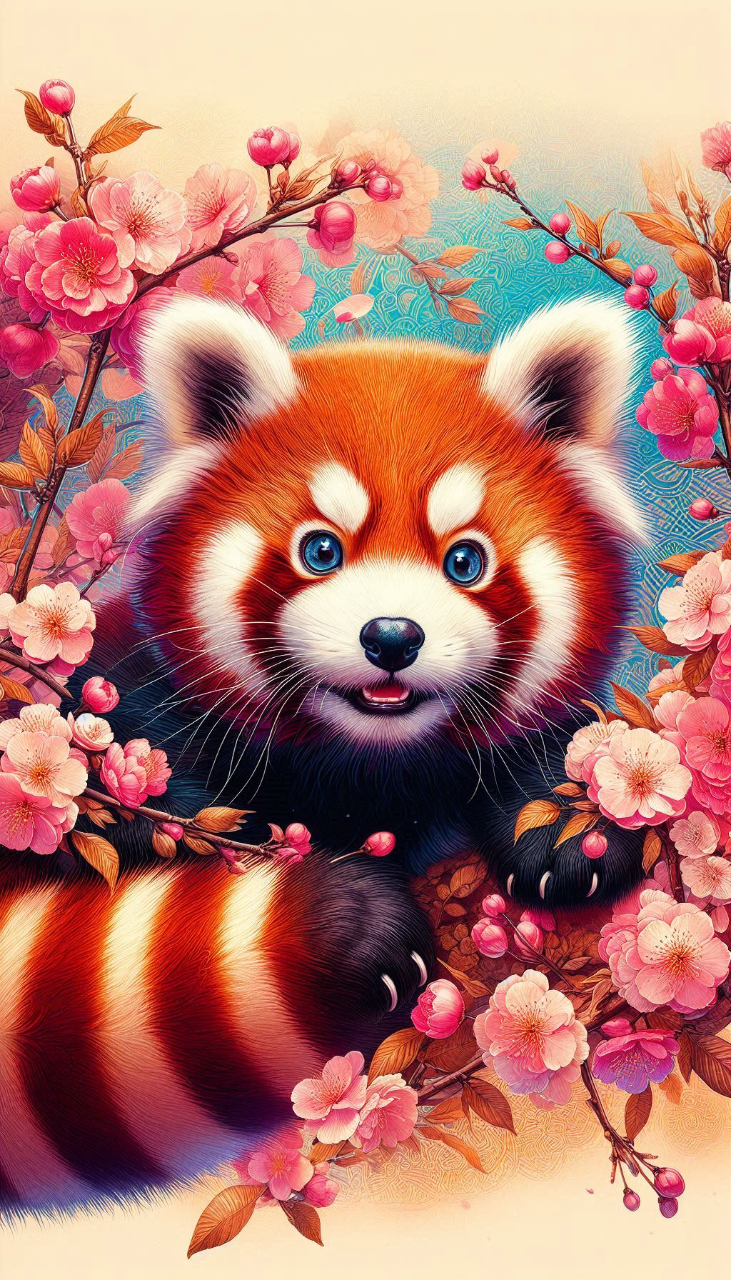 Red Panda and Cherry Blossoms Vibrant Spring Artwork Wallpaper