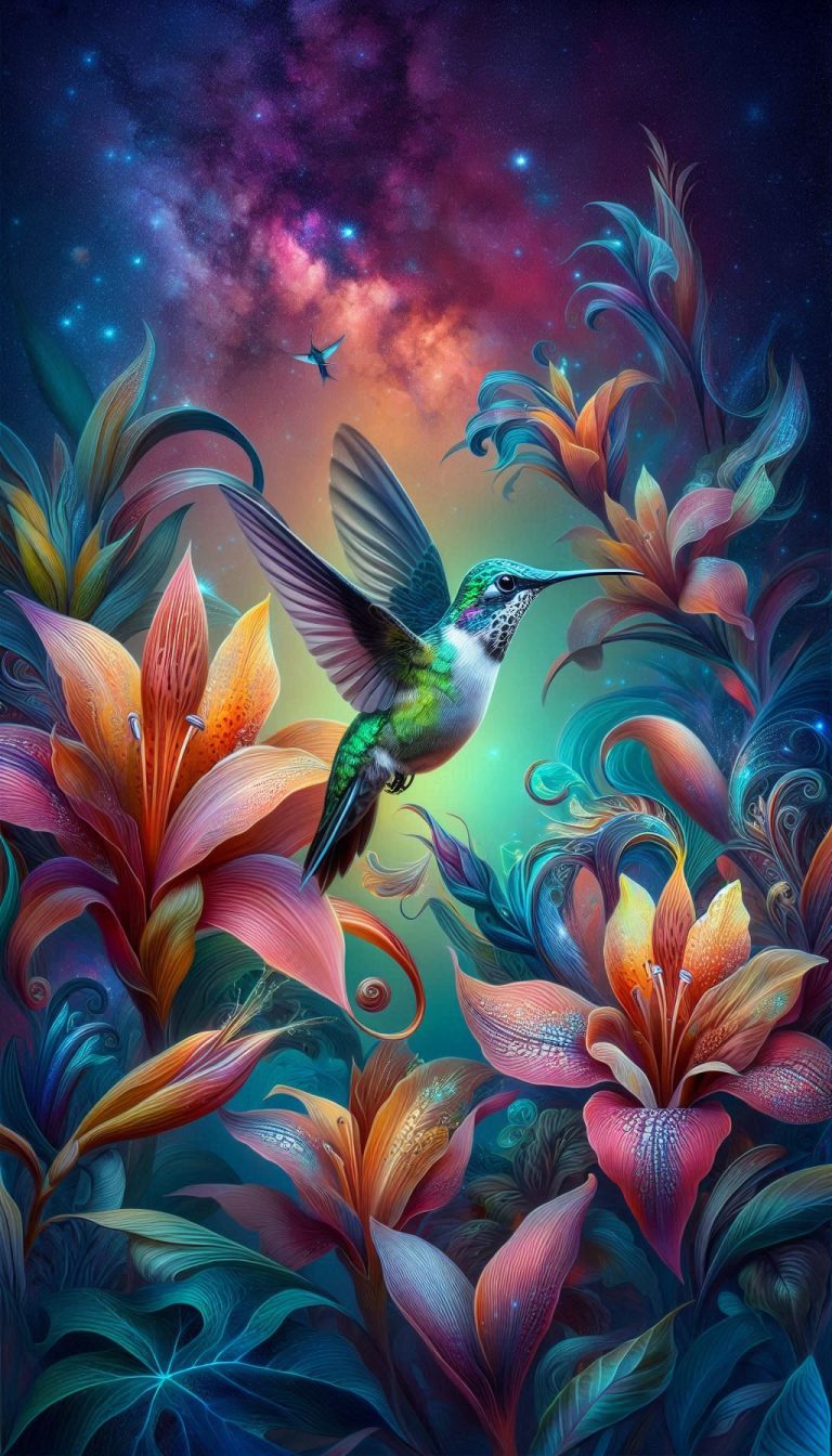 Rhapsody of Color Speckled Hummingbird in a Botanical Fantasy