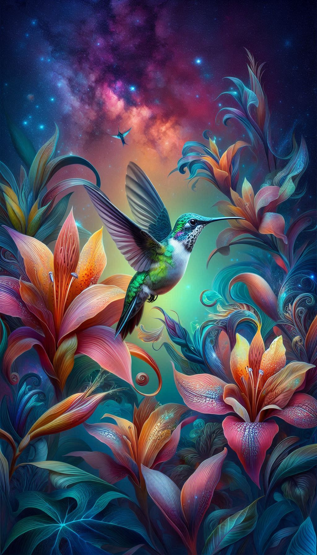 Rhapsody of Color Speckled Hummingbird in a Botanical Fantasy