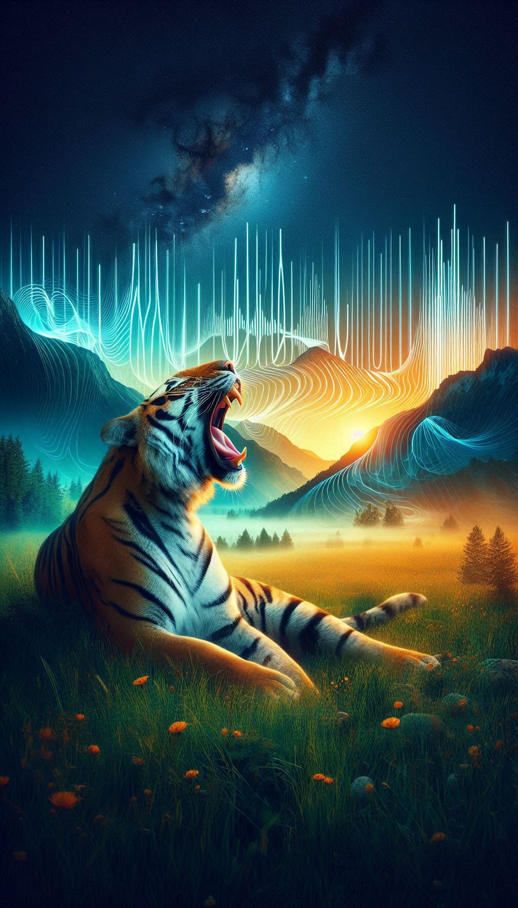 Roaring tiger with resonating sound waves in wallpaper for mobile background