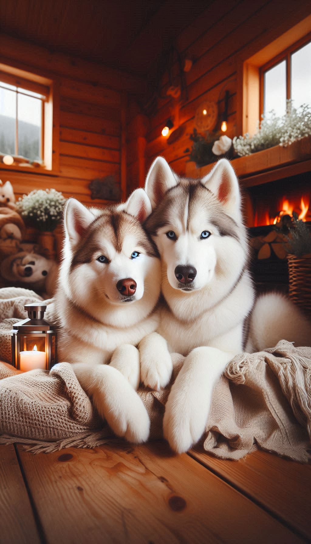 Romantic Siberian Husky Couple Snuggling in a Cozy Cabin