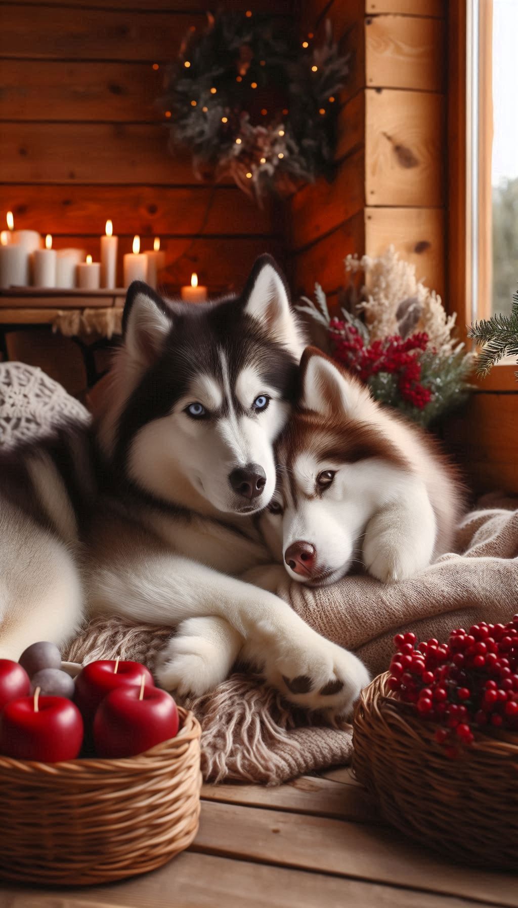 Romantic Siberian Husky couple relaxing in a cozy cabin HD mobile wallpaper for iPhone
