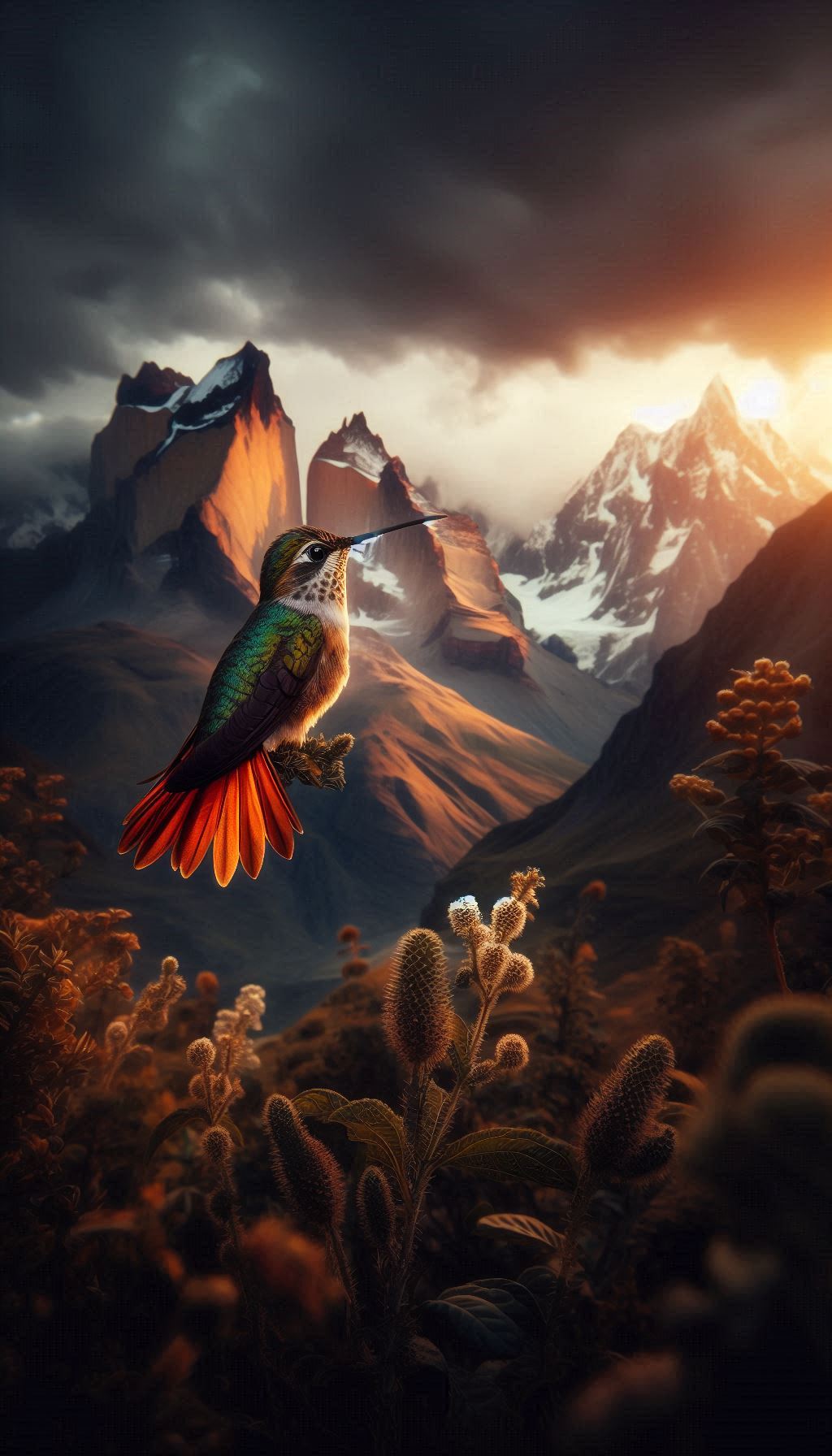 Rufous-tailed Hummingbird Against a Backdrop of Dramatic Mountain Scenery