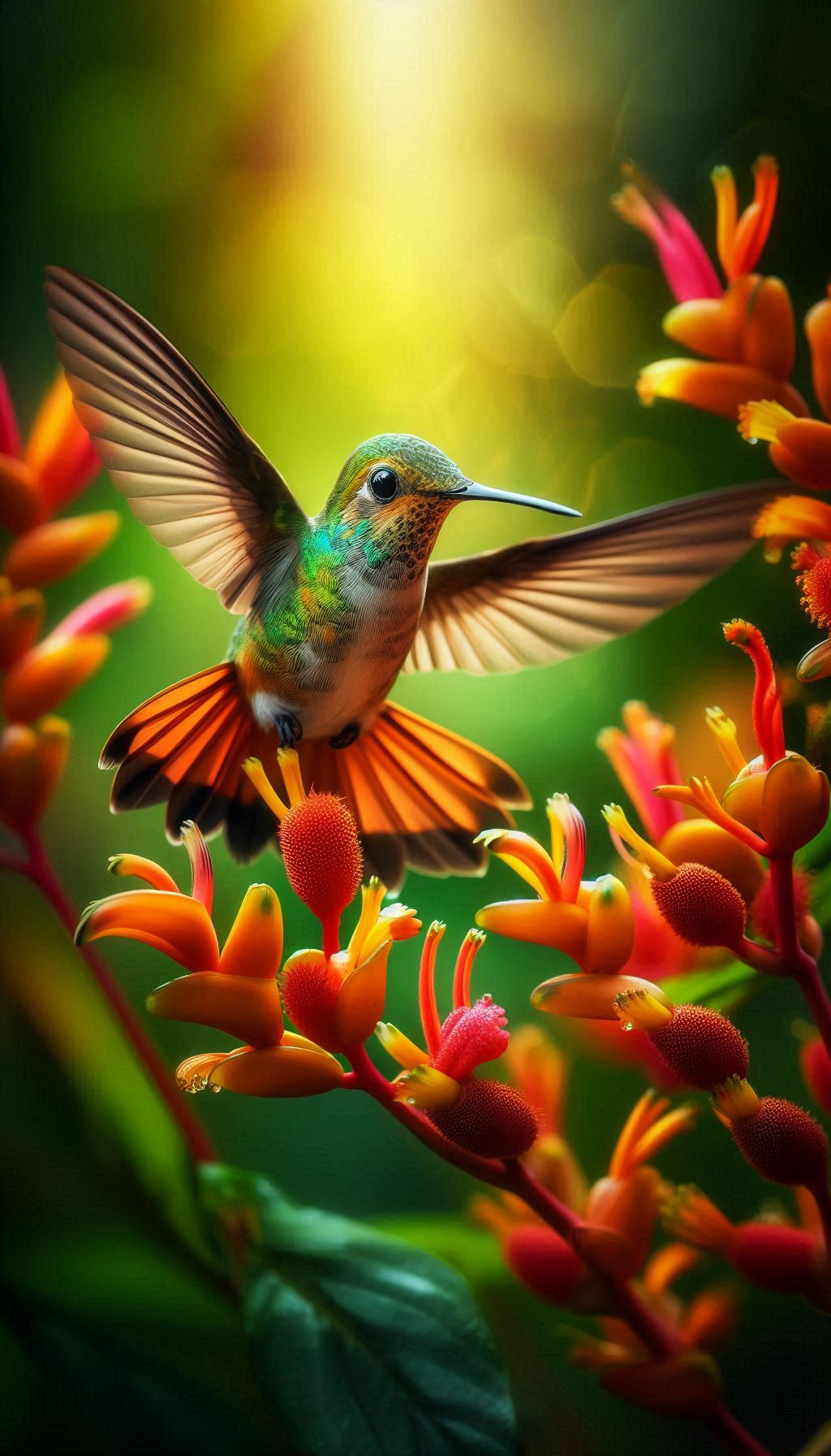 Rufous-tailaed Hummingbird Captured in Action Among Vibrant Rainforest Flora