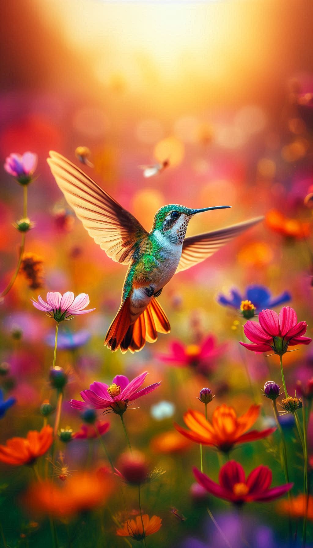 Rufous-tailed Hummingbird Flying Over a Vibrant Field of Wildflowers
