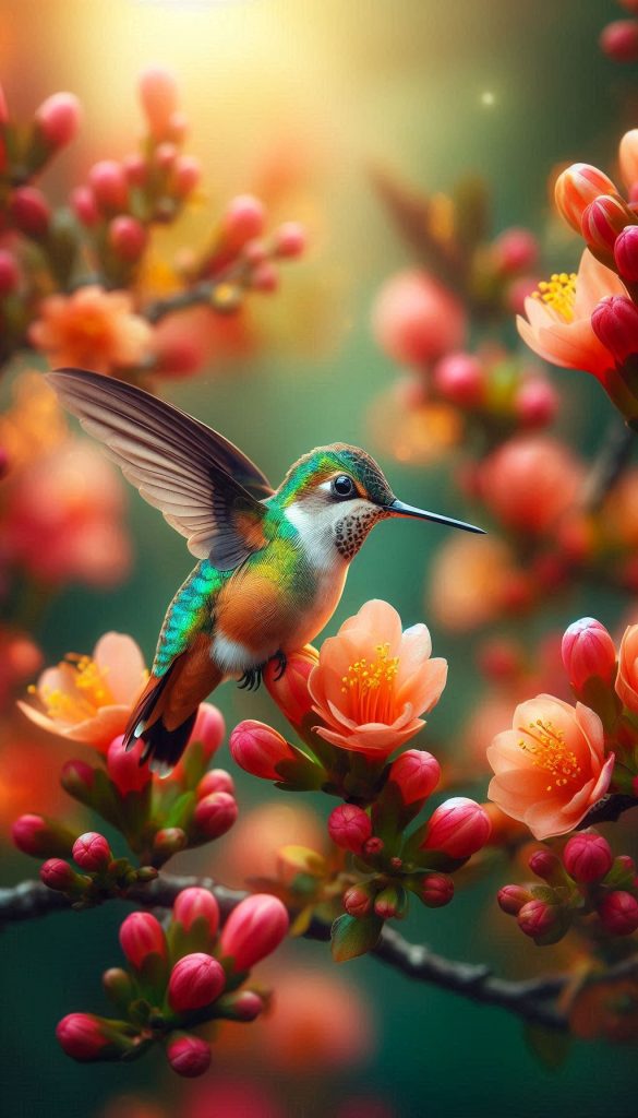 Rufous-tailed Hummingbird Surrounded by Colorful Blossoms in Full Bloom