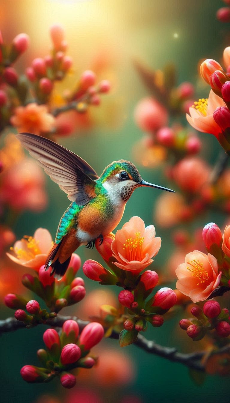 Rufous-tailed Hummingbird Surrounded by Colorful Blossoms in Full Bloom