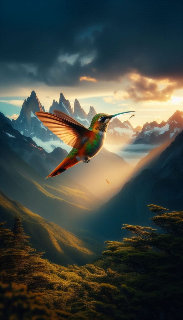 Rufous-tailed hummingbird against a backdrop of dramatic mountain scenery Photo for Android