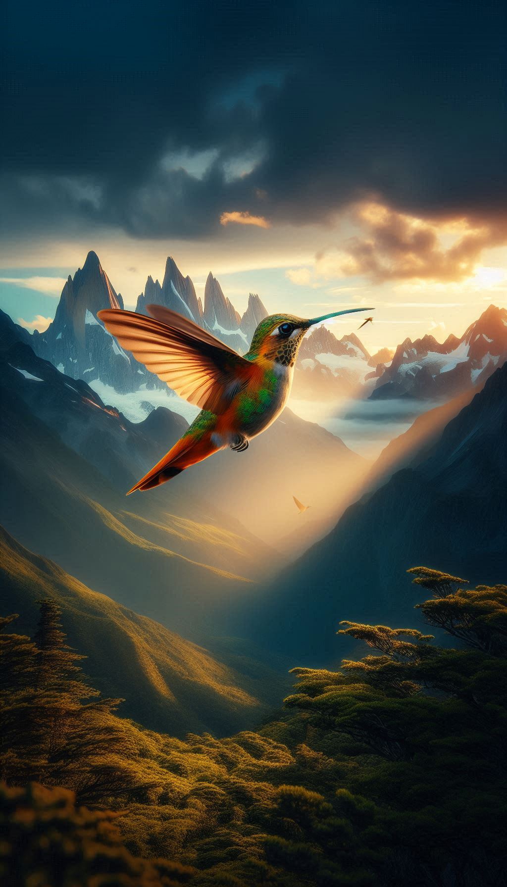 Rufous-tailed hummingbird against a backdrop of dramatic mountain scenery Photo for Android